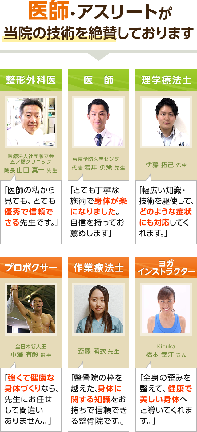 医師・アスリートが当院の技術を絶賛しております